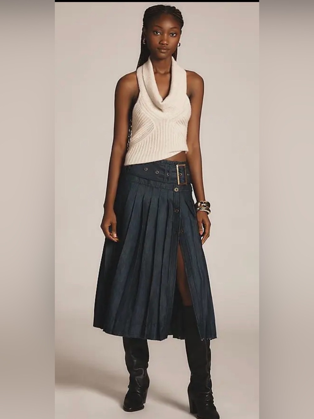 Pilcro Anthropologie Denim Pleated Midi Skirt Belted Button Front Blue Size 0